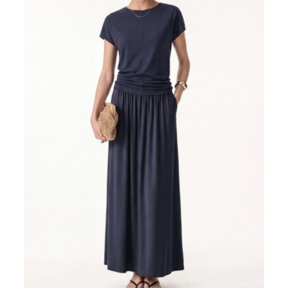 OGL Tencel Linen Luxe Maxi Skirt + Dolman Top Outfit Set Navy Size Medium